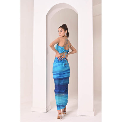 Bani Khurana Blue Printed Drape Skirt with Top (Set of 2)