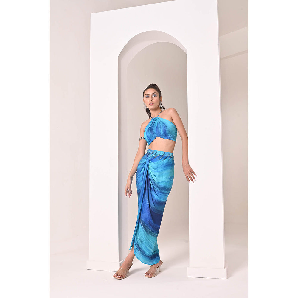 Bani Khurana Blue Printed Drape Skirt with Top (Set of 2)