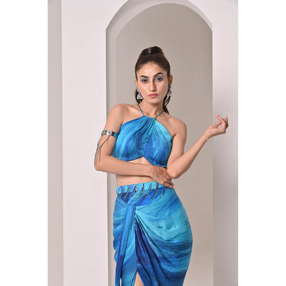 Bani Khurana Blue Printed Drape Skirt with Top (Set of 2)