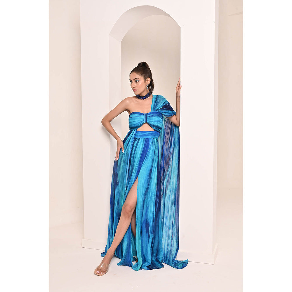 Bani Khurana Blue Printed Drape Maxi Dress