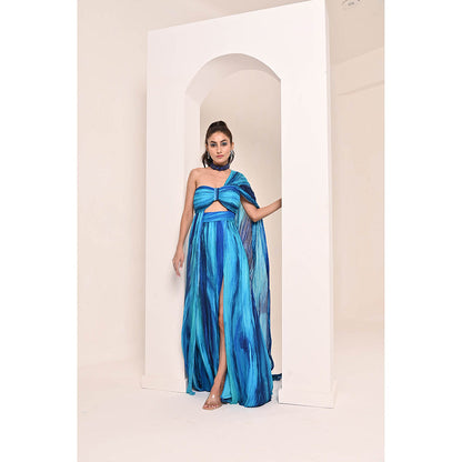 Bani Khurana Blue Printed Drape Maxi Dress