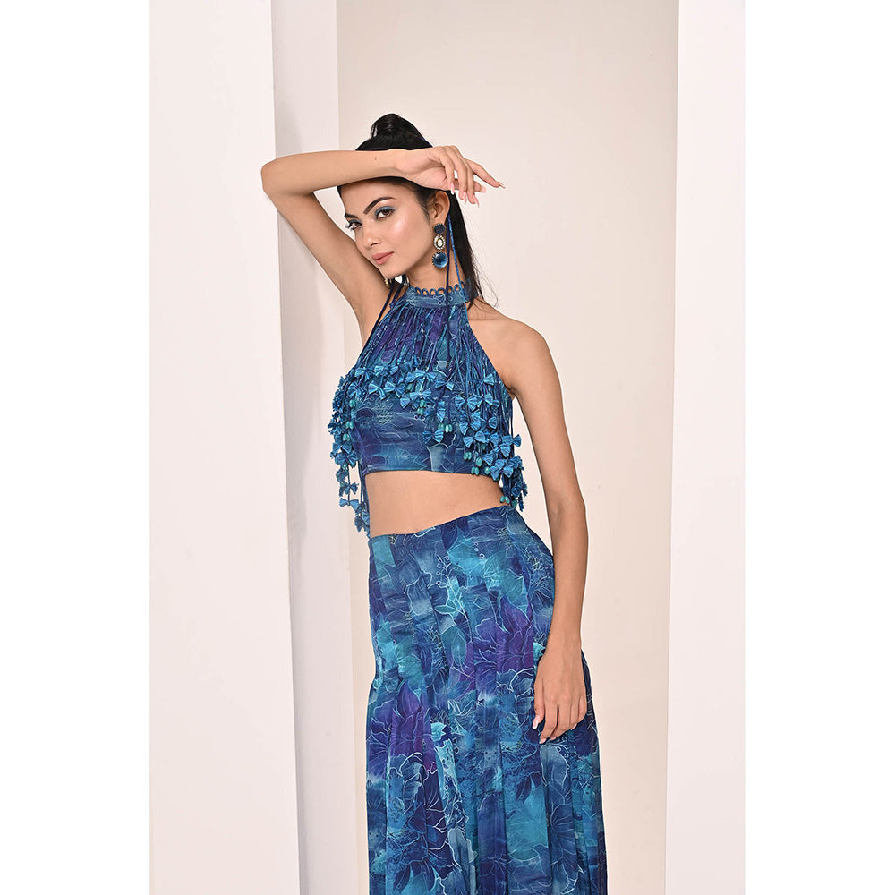 Bani Khurana Blue Floral Print Top with Palazzo (Set of 2)