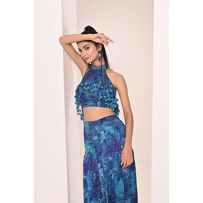 Bani Khurana Blue Floral Print Top with Palazzo (Set of 2)