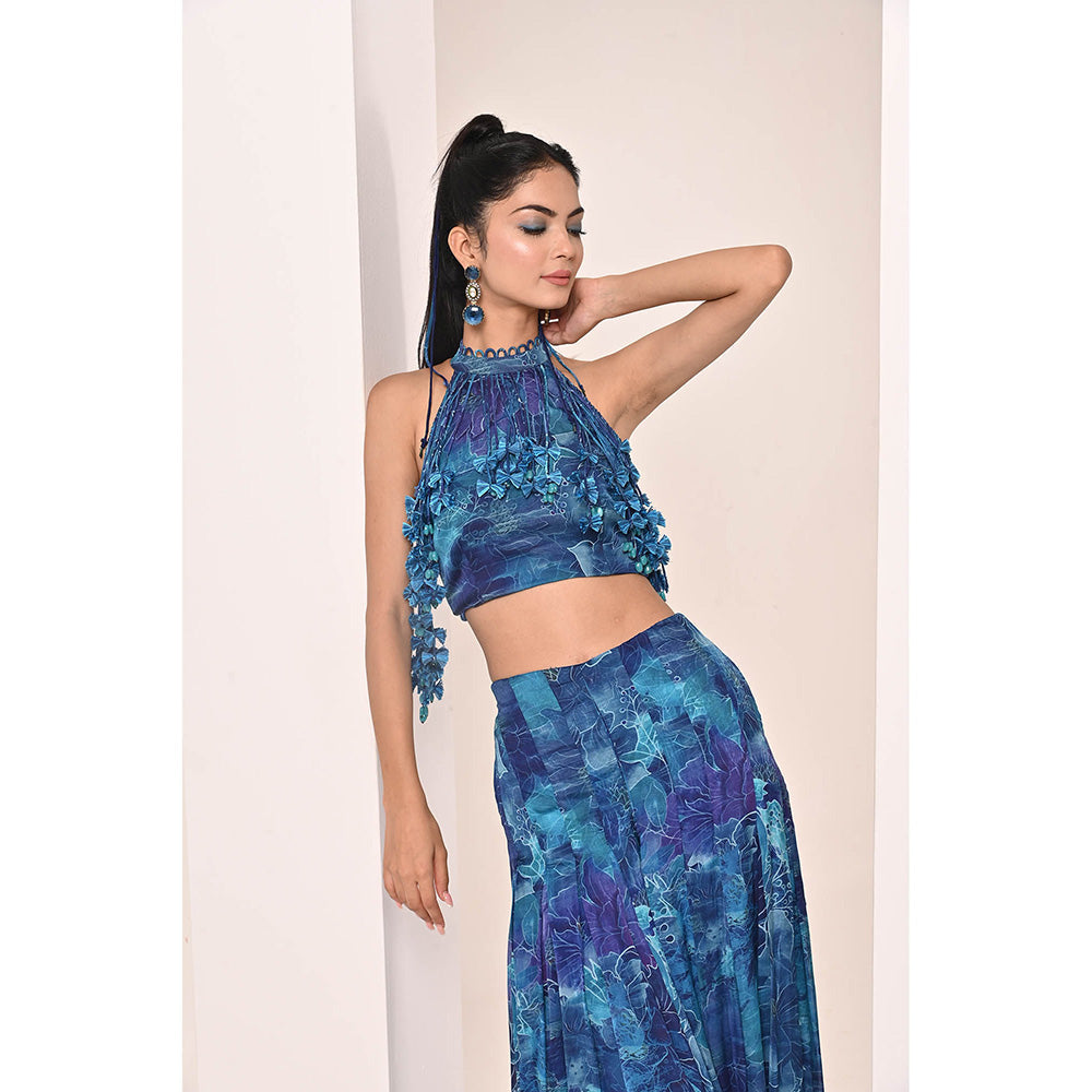 Bani Khurana Blue Floral Print Top with Palazzo (Set of 2)