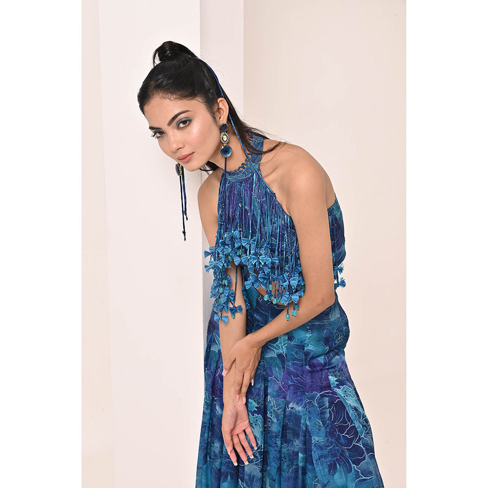 Bani Khurana Blue Floral Print Top with Palazzo (Set of 2)