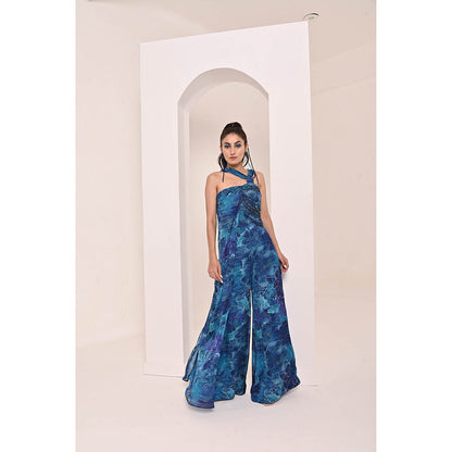 Bani Khurana Blue Floral Print Embellished Jumpsuit
