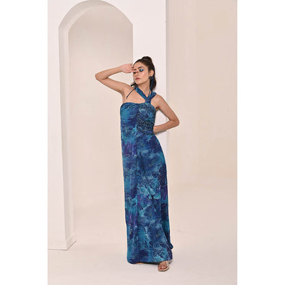 Bani Khurana Blue Floral Print Embellished Jumpsuit