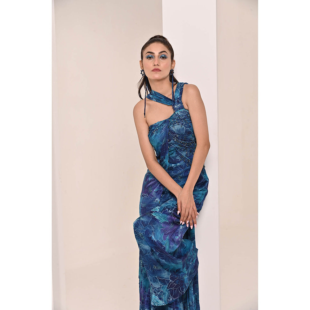 Bani Khurana Blue Floral Print Embellished Jumpsuit