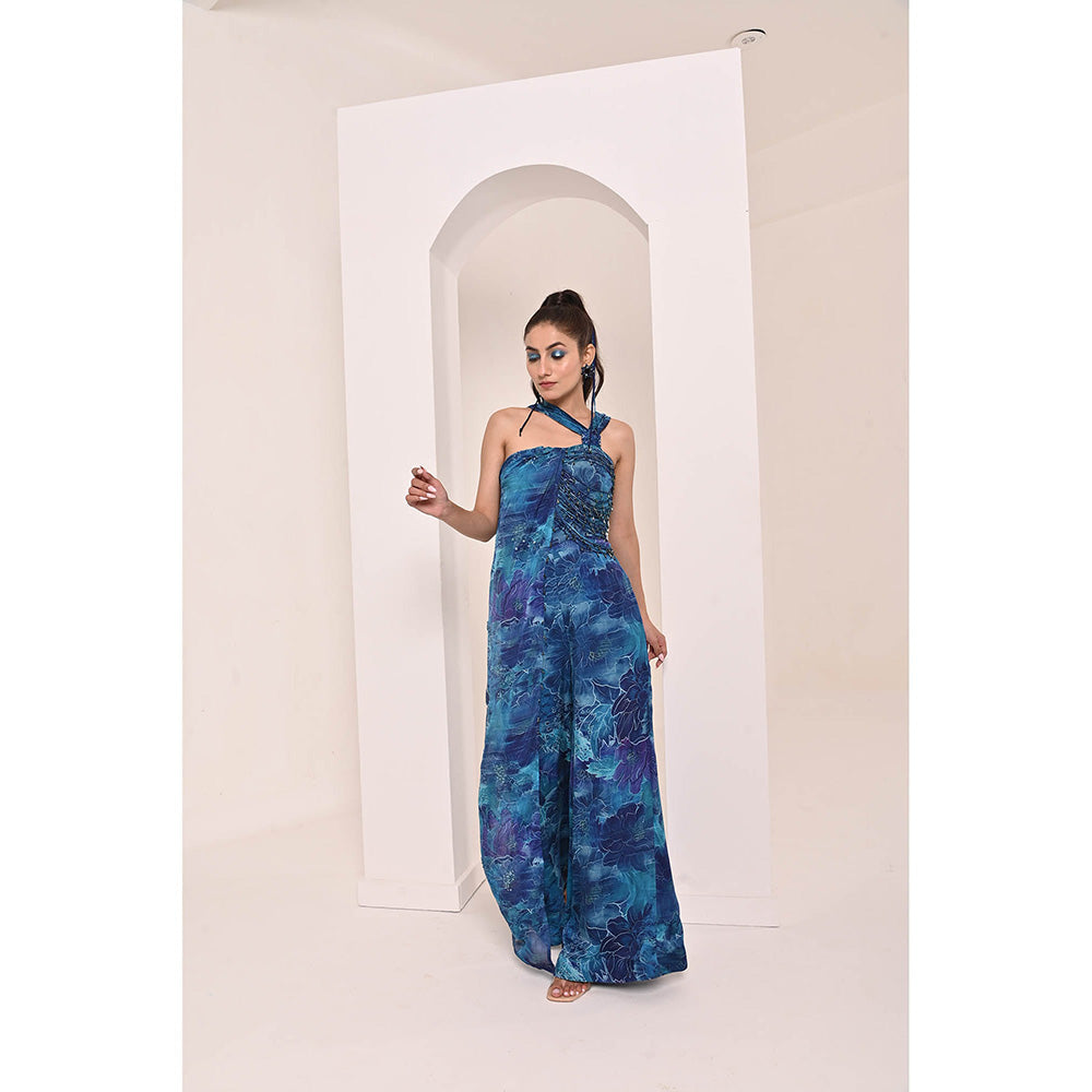Bani Khurana Blue Floral Print Embellished Jumpsuit