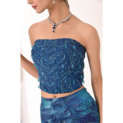 Bani Khurana Blue Printed Embellished Drape Skirt with Top (Set of 2)