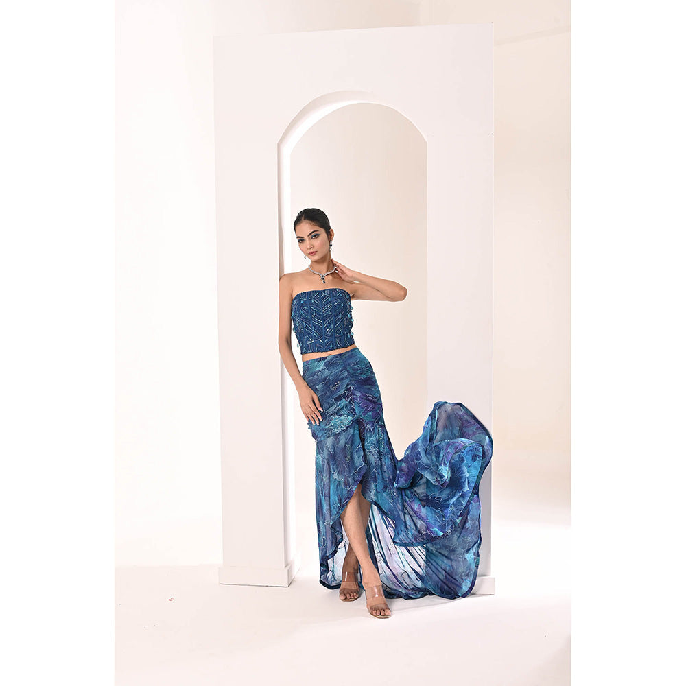Bani Khurana Blue Printed Embellished Drape Skirt with Top (Set of 2)