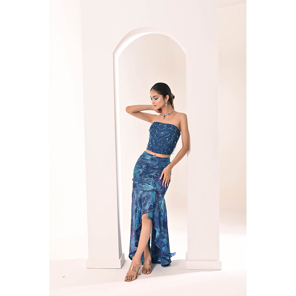 Bani Khurana Blue Printed Embellished Drape Skirt with Top (Set of 2)