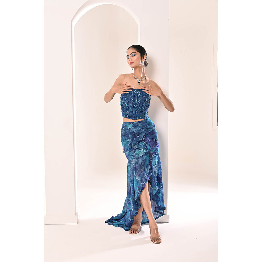 Bani Khurana Blue Printed Embellished Drape Skirt with Top (Set of 2)