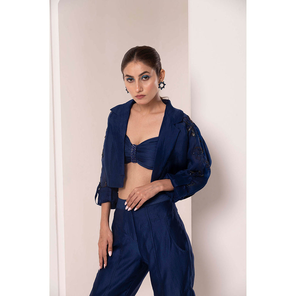 Bani Khurana Navy Blue Embellished Jacket with Bustier and Pant (Set of 3)