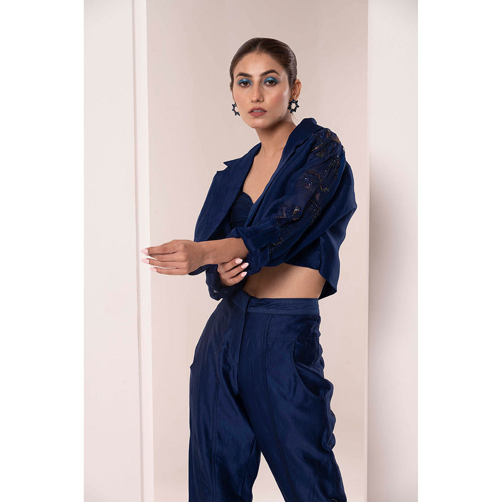 Bani Khurana Navy Blue Embellished Jacket with Bustier and Pant (Set of 3)