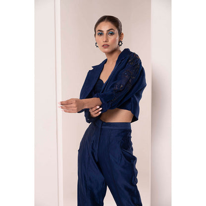 Bani Khurana Navy Blue Embellished Jacket with Bustier and Pant (Set of 3)