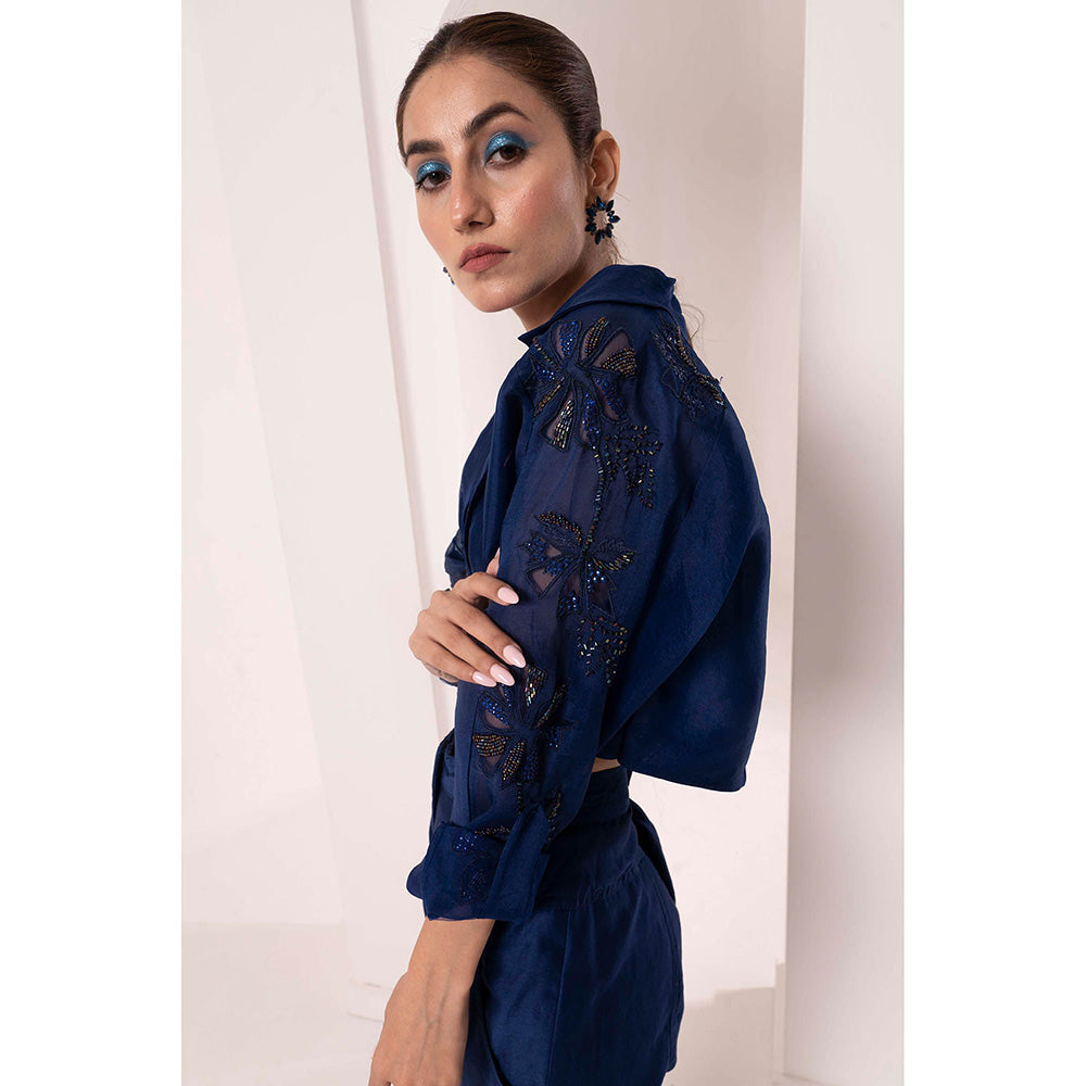 Bani Khurana Navy Blue Embellished Jacket with Bustier and Pant (Set of 3)