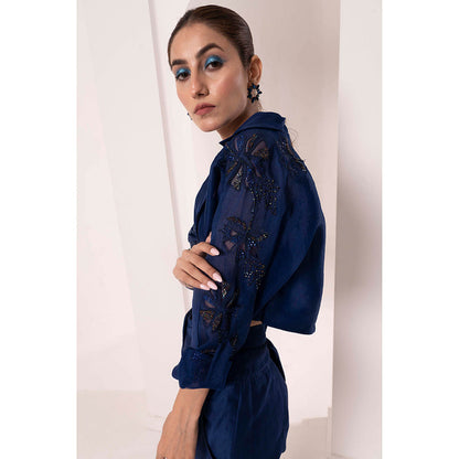 Bani Khurana Navy Blue Embellished Jacket with Bustier and Pant (Set of 3)