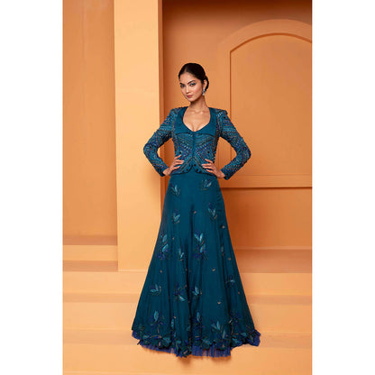 Bani Khurana Teal Embellished Jacket with Sharara (Set of 2)