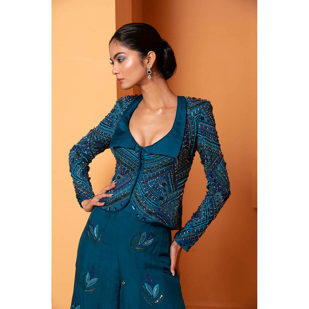 Bani Khurana Teal Embellished Jacket with Sharara (Set of 2)