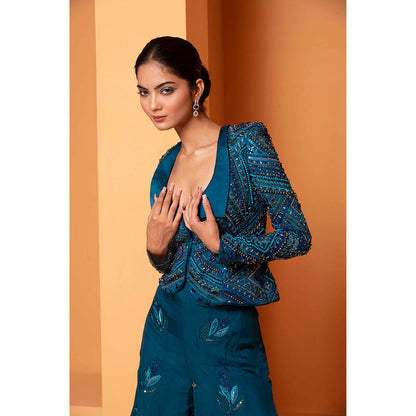 Bani Khurana Teal Embellished Jacket with Sharara (Set of 2)