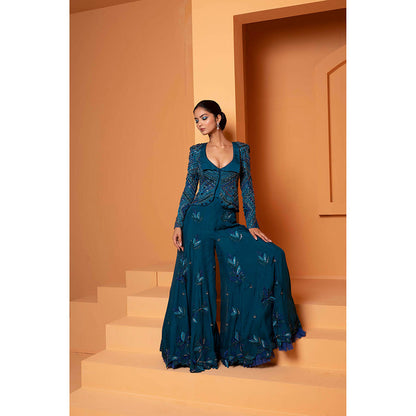 Bani Khurana Teal Embellished Jacket with Sharara (Set of 2)