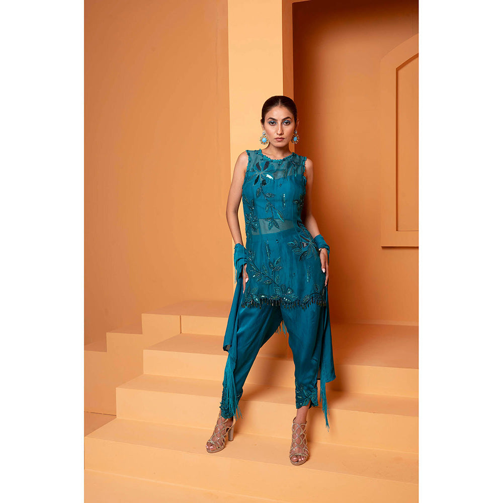 Bani Khurana Turquoise Embellished Kurti with Dhoti and Dupatta (Set of 3)