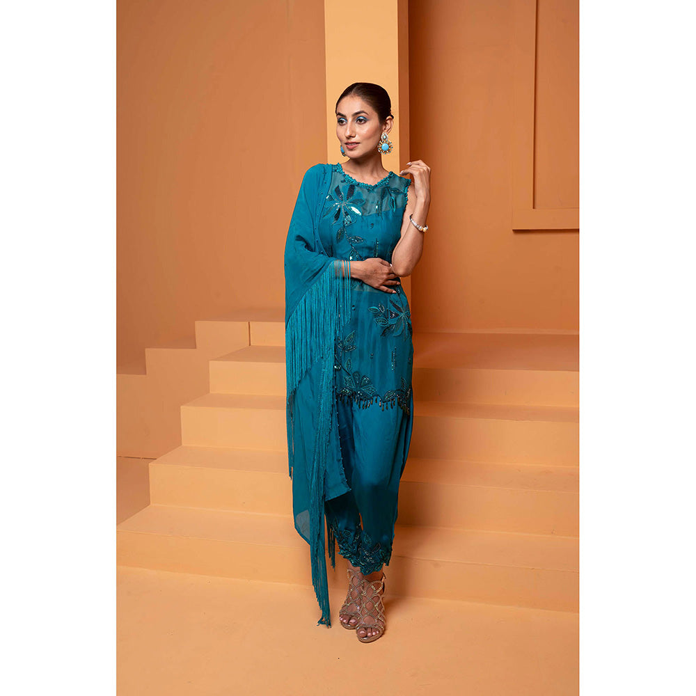 Bani Khurana Turquoise Embellished Kurti with Dhoti and Dupatta (Set of 3)