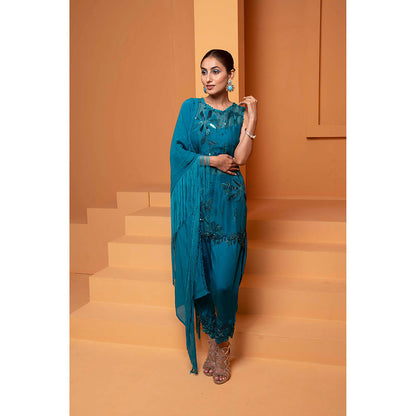 Bani Khurana Turquoise Embellished Kurti with Dhoti and Dupatta (Set of 3)