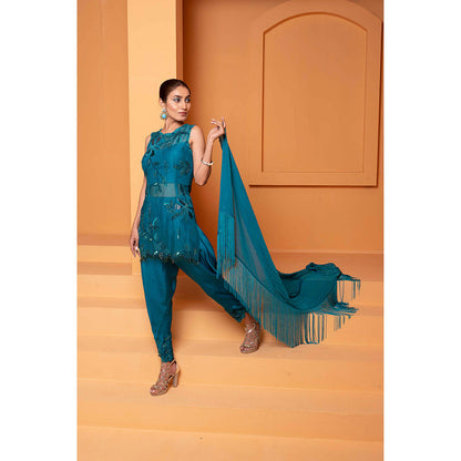Bani Khurana Turquoise Embellished Kurti with Dhoti and Dupatta (Set of 3)