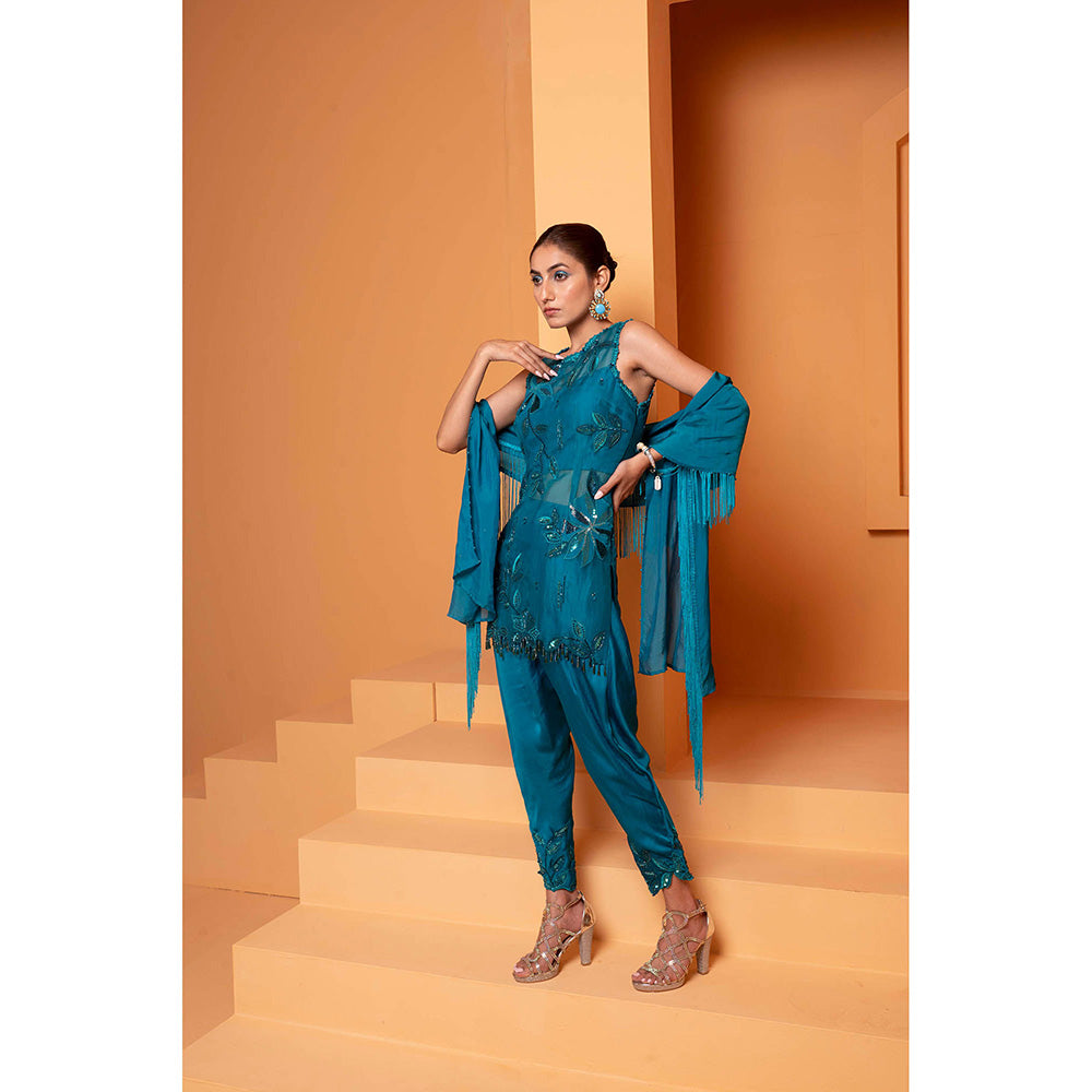 Bani Khurana Turquoise Embellished Kurti with Dhoti and Dupatta (Set of 3)