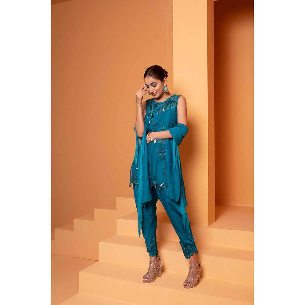 Bani Khurana Turquoise Embellished Kurti with Dhoti and Dupatta (Set of 3)