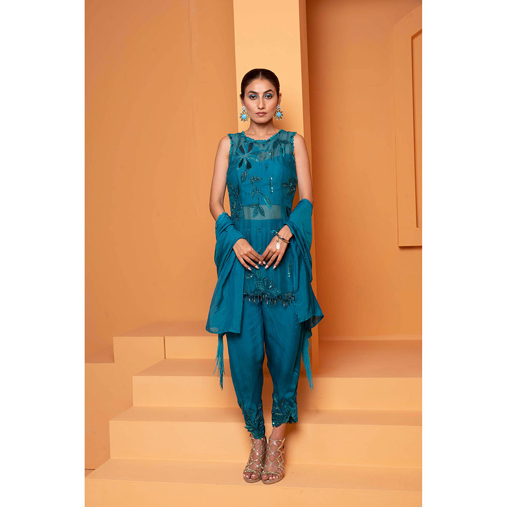 Bani Khurana Turquoise Embellished Kurti with Dhoti and Dupatta (Set of 3)