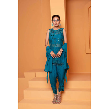 Bani Khurana Turquoise Embellished Kurti with Dhoti and Dupatta (Set of 3)
