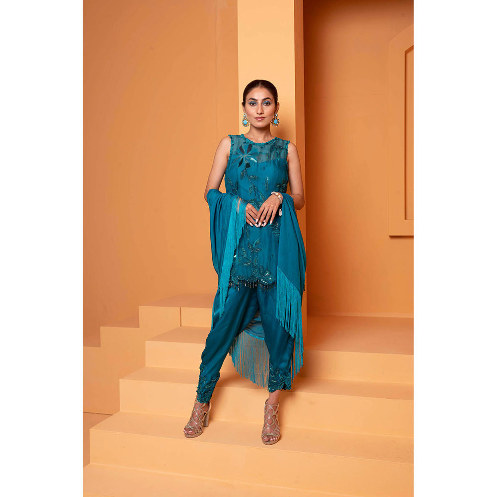 Bani Khurana Turquoise Embellished Kurti with Dhoti and Dupatta (Set of 3)