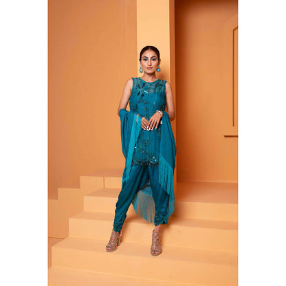 Bani Khurana Turquoise Embellished Kurti with Dhoti and Dupatta (Set of 3)
