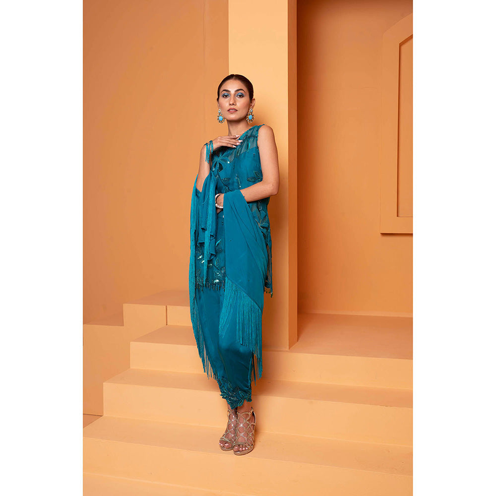Bani Khurana Turquoise Embellished Kurti with Dhoti and Dupatta (Set of 3)