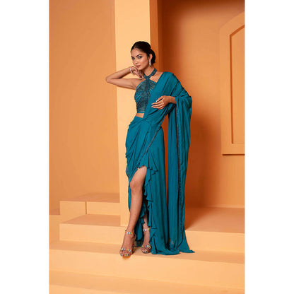Bani Khurana Teal Solid Pre Drape Saree with Stitched Blouse