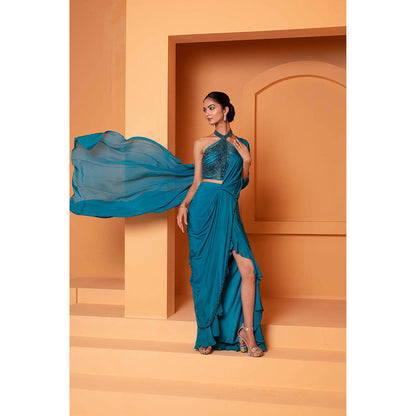 Bani Khurana Teal Solid Pre Drape Saree with Stitched Blouse