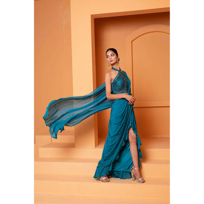 Bani Khurana Teal Solid Pre Drape Saree with Stitched Blouse