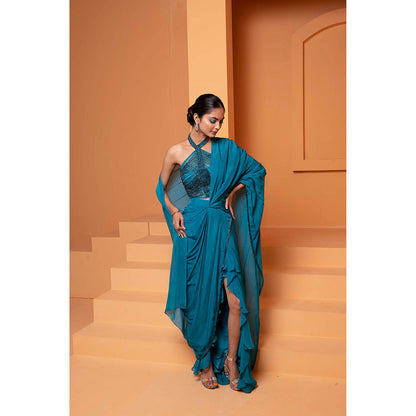 Bani Khurana Teal Solid Pre Drape Saree with Stitched Blouse