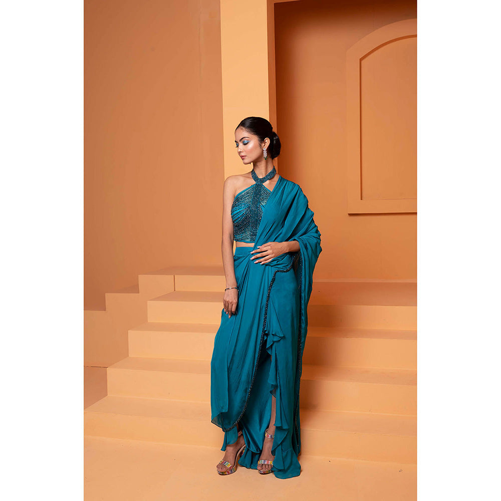 Bani Khurana Teal Solid Pre Drape Saree with Stitched Blouse
