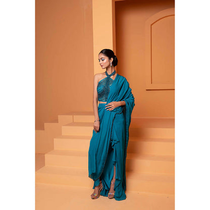Bani Khurana Teal Solid Pre Drape Saree with Stitched Blouse