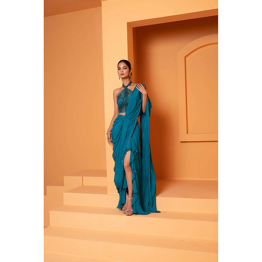 Bani Khurana Teal Solid Pre Drape Saree with Stitched Blouse