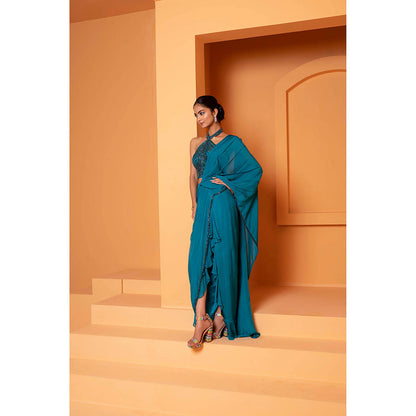 Bani Khurana Teal Solid Pre Drape Saree with Stitched Blouse