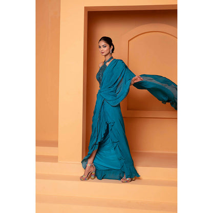 Bani Khurana Teal Solid Pre Drape Saree with Stitched Blouse