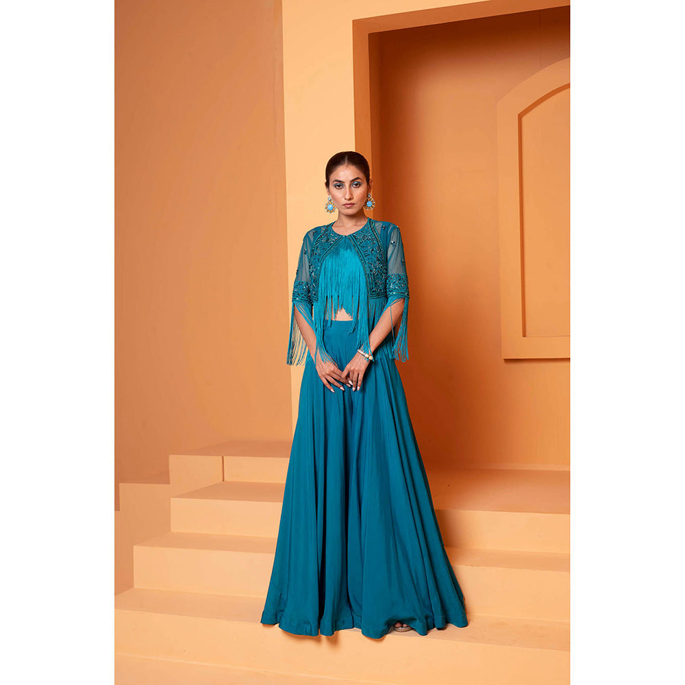 Bani Khurana Turquoise Embellished Jacket and Bustier with Sharara (Set of 3)