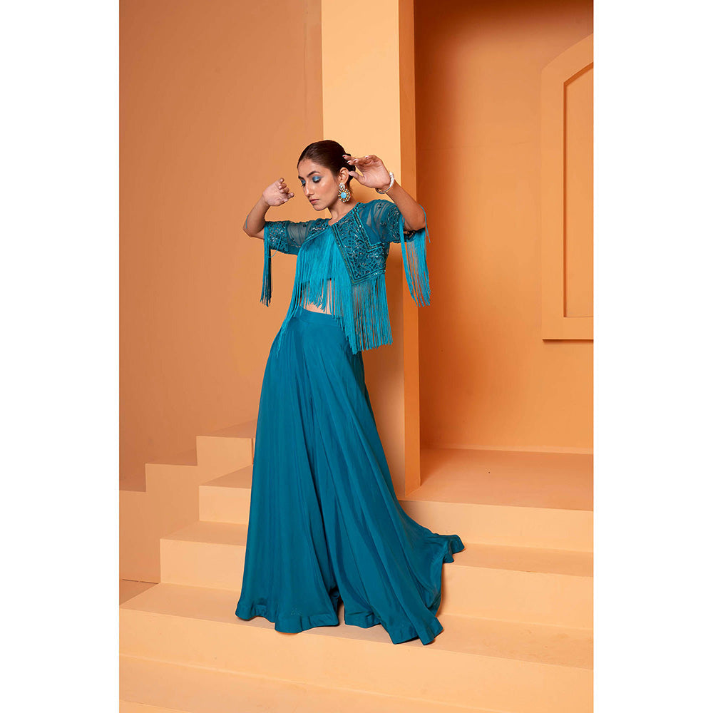 Bani Khurana Turquoise Embellished Jacket and Bustier with Sharara (Set of 3)