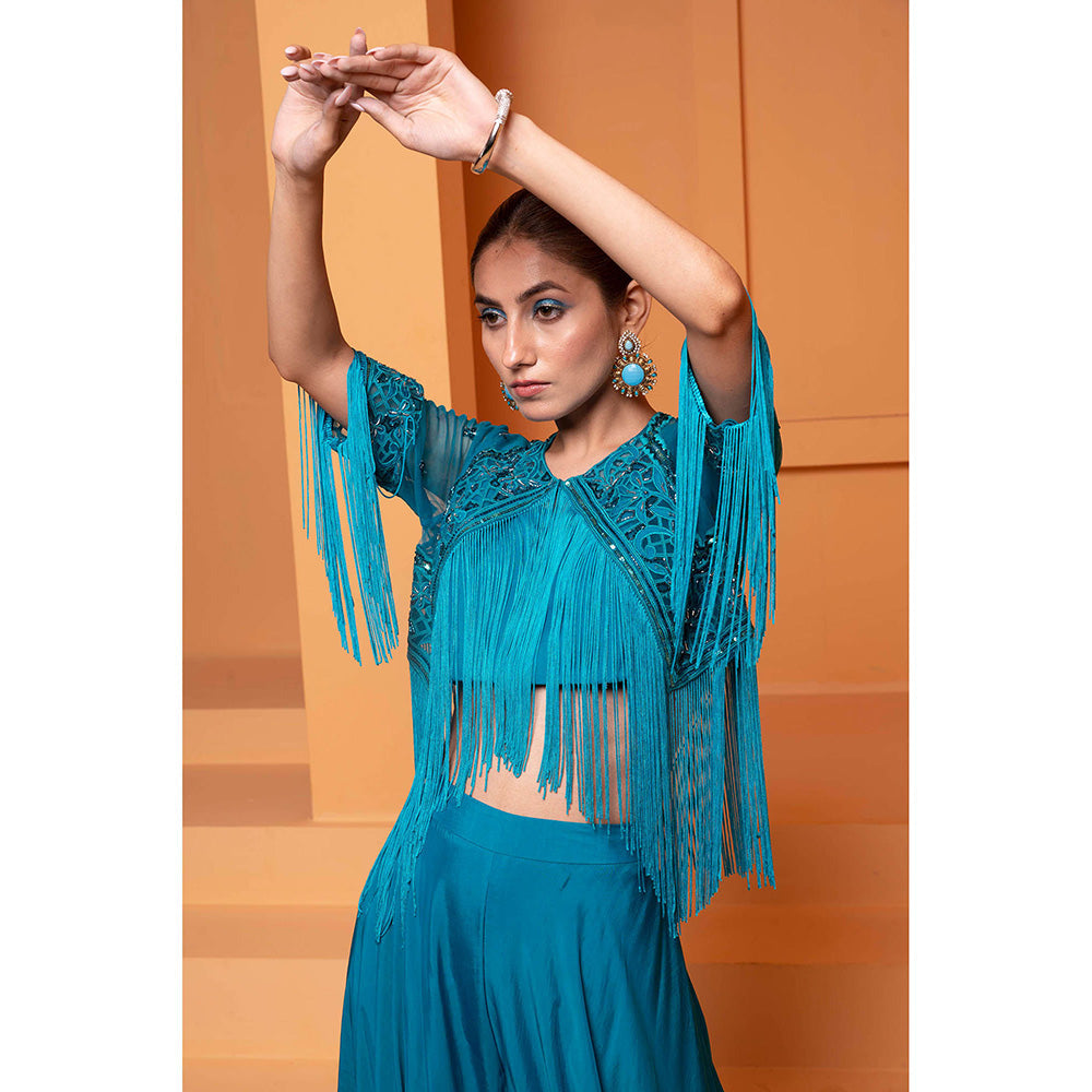Bani Khurana Turquoise Embellished Jacket and Bustier with Sharara (Set of 3)