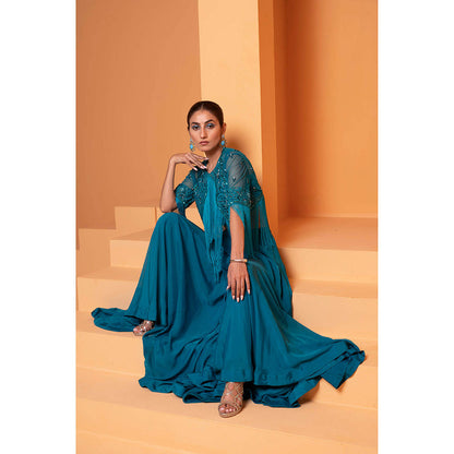 Bani Khurana Turquoise Embellished Jacket and Bustier with Sharara (Set of 3)